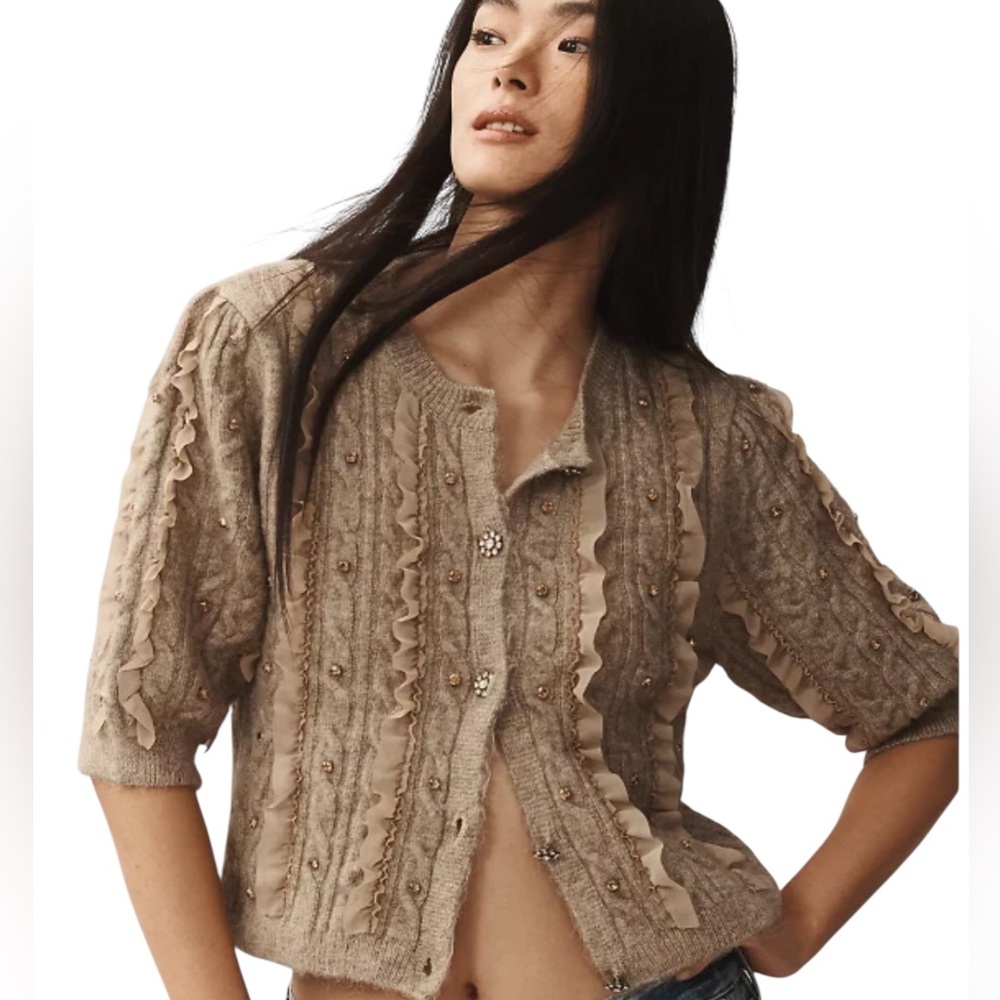 Maeve Short-Sleeve Embellished Ruffled
Cardigan Sweater in Taupe Sz M & L & XL - Picture 3 of 8